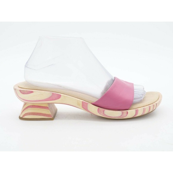 Vis A Vie Womens 9 Sandals Pink Leather Wood Slide Open Toe Slip On Summer Shoe - Picture 4 of 12
